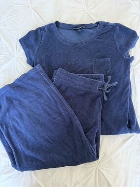 Lands End Navy Short Sleeve Terry Cloth Top and Wide Leg Capri Pants Set Size